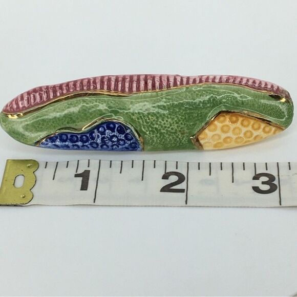 Handmade Statement Glazed Pottery Abstract Gold Oval Brooch Pin Artsy - Picture 7 of 9